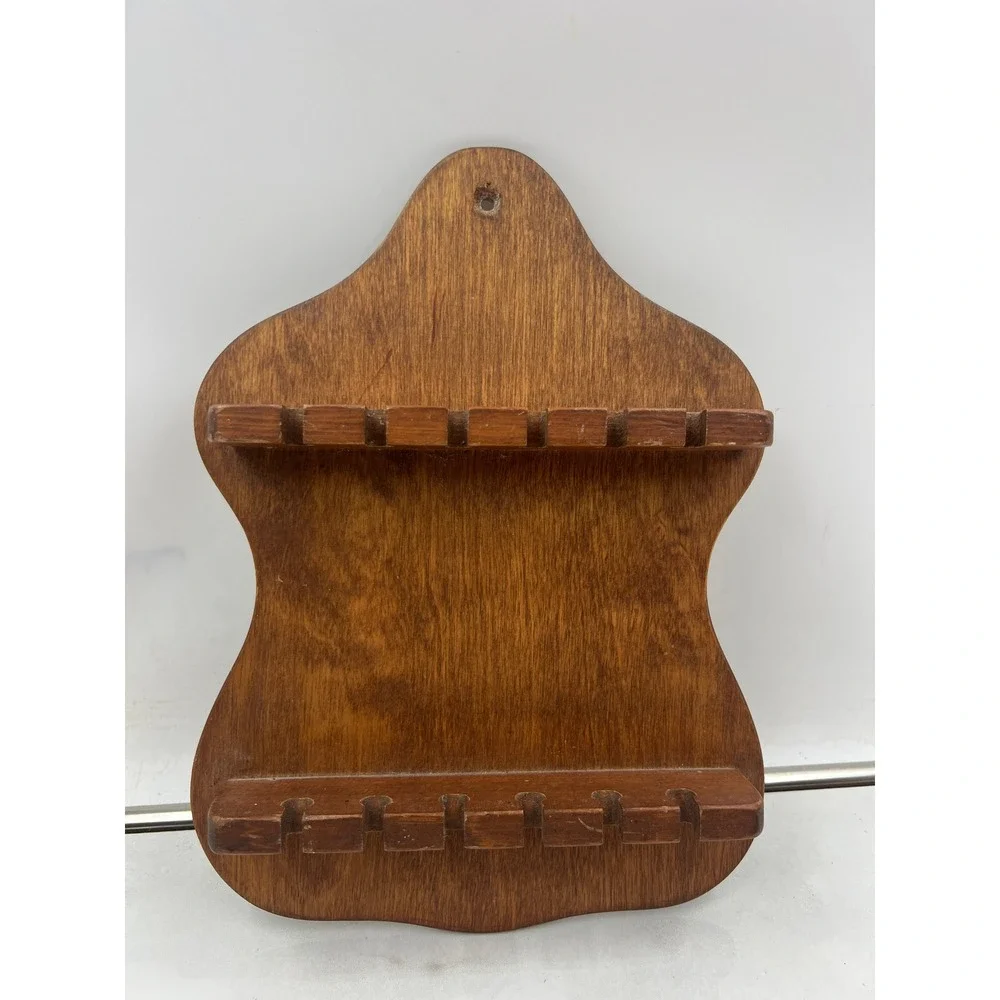 Vintage Wooden Wall Hanging Spoon Rack Display Holder 12 Slot Brown Scalloped